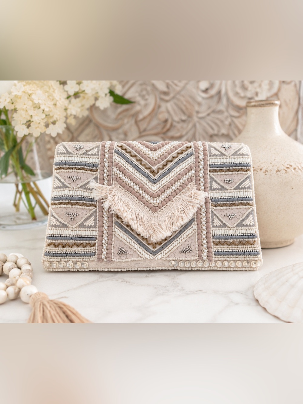 Boho Beaded Fringe Clutch Ivory Blush Gray Pearl Embellished Envelope Bag Festiv
